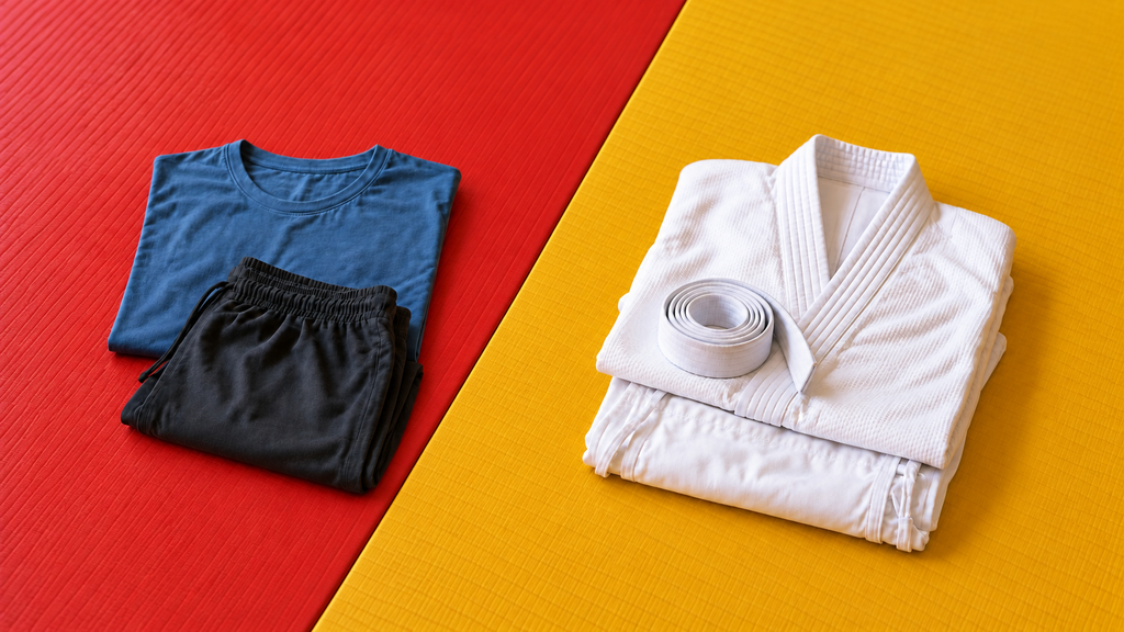 2 tenues d'aikido de débutant sur un tatami jaune et rouge